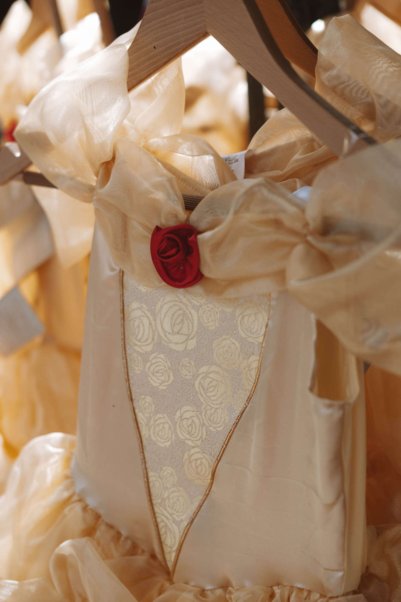 Cream ballgown-style park dress on a hanger