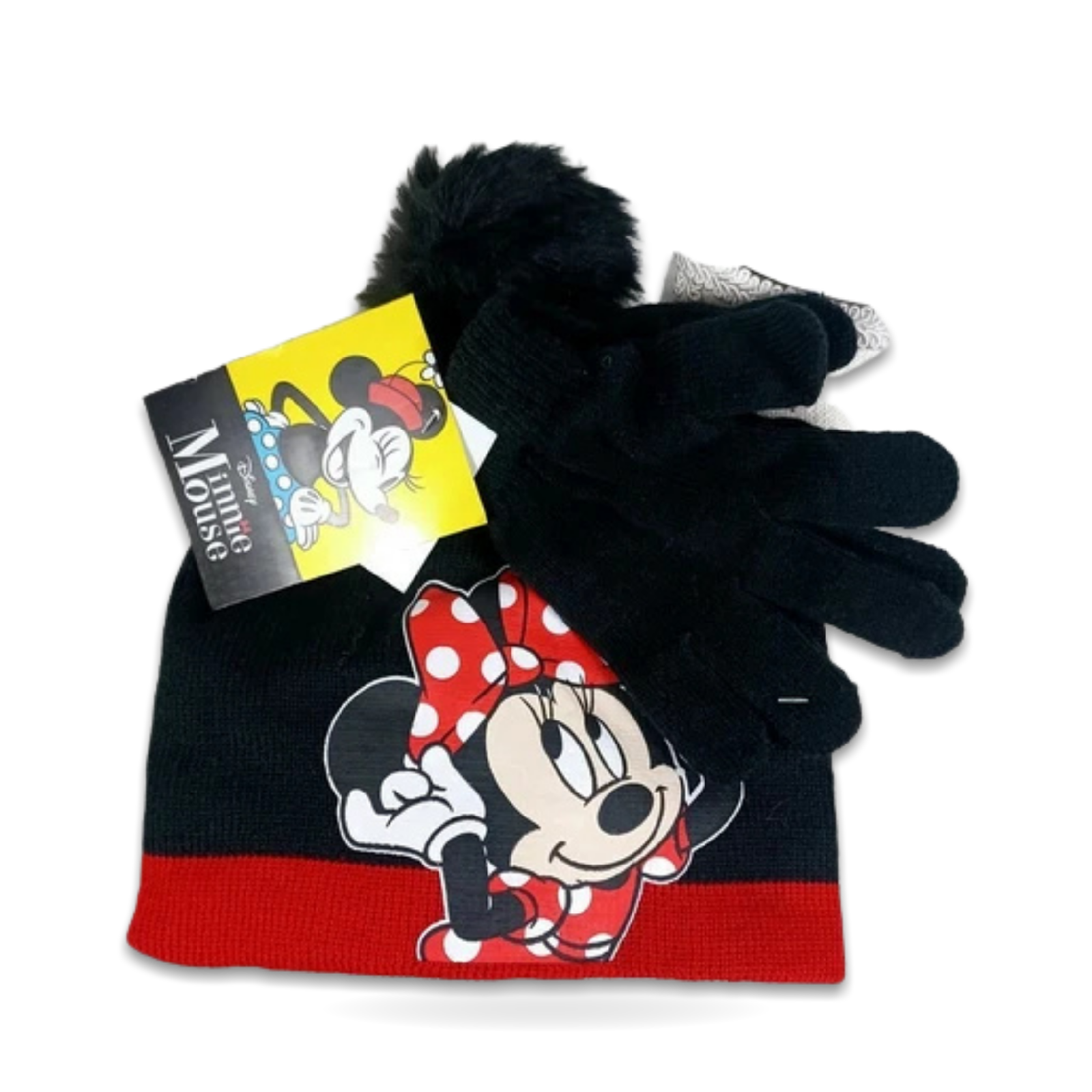 Minnie Mouse Kids Beanie Gloves Set Osfm Black Red Pom Accent