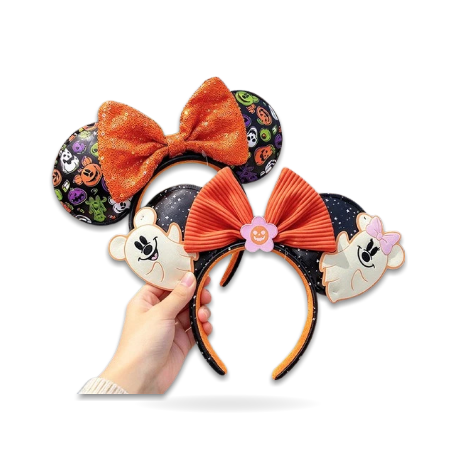 2Pcs Halloween Floral Ghost Minnie Ears Pumpkins Sequin Bow Ear Headwear