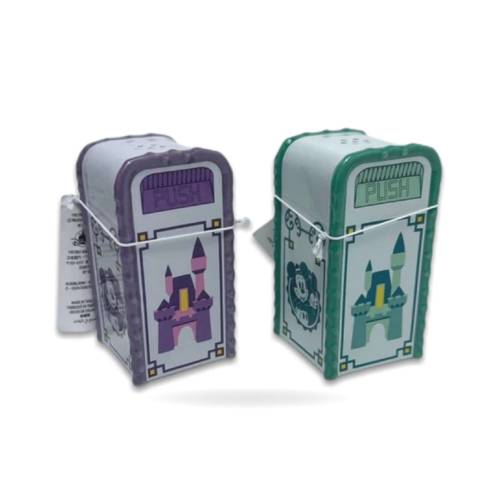 Trash Can Salt and Pepper Shaker Set Green and Purple Mickey Mouse