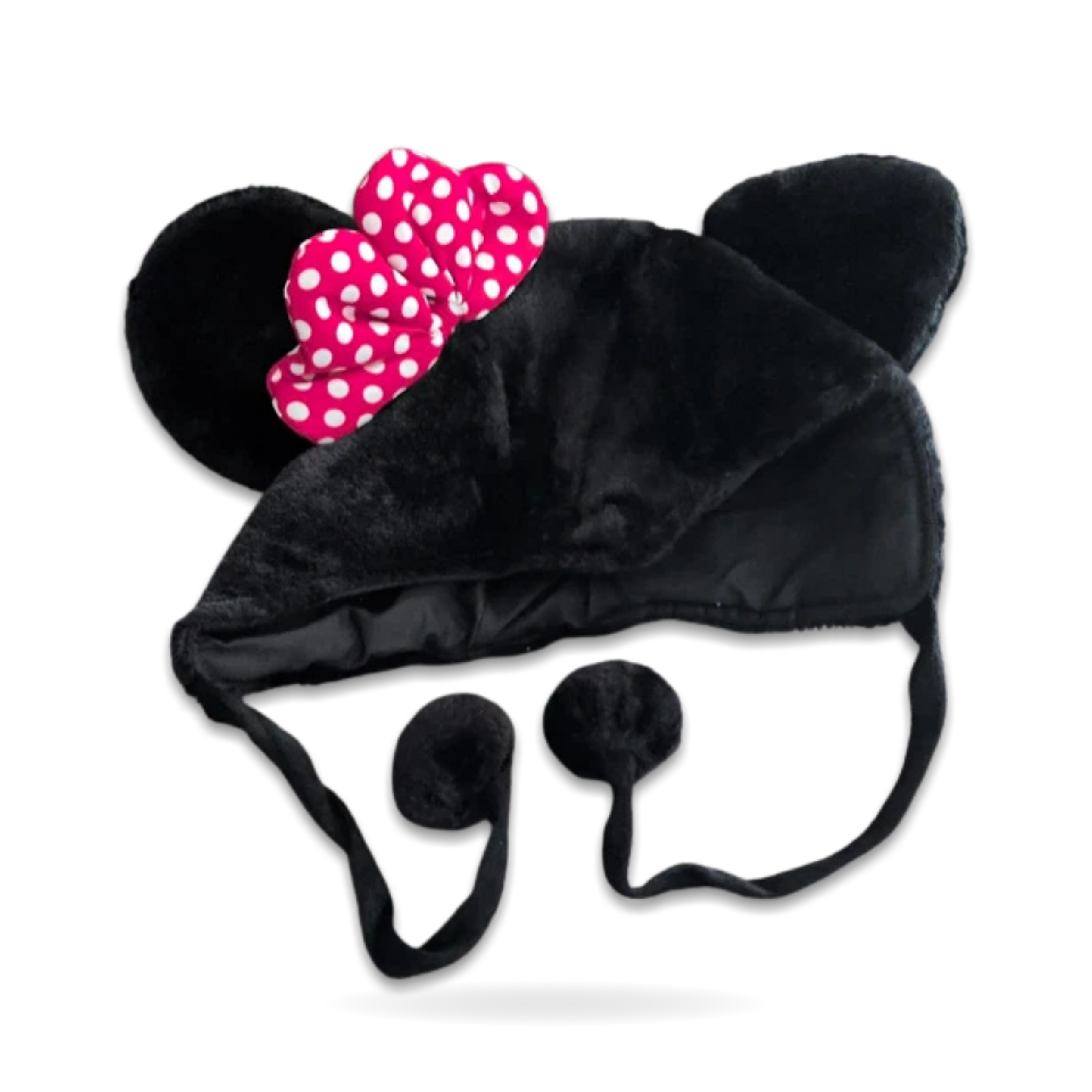 Child Earflap Hat Black Pink Polka Dot Bow Pom Pom Ties Minnie Mouse
