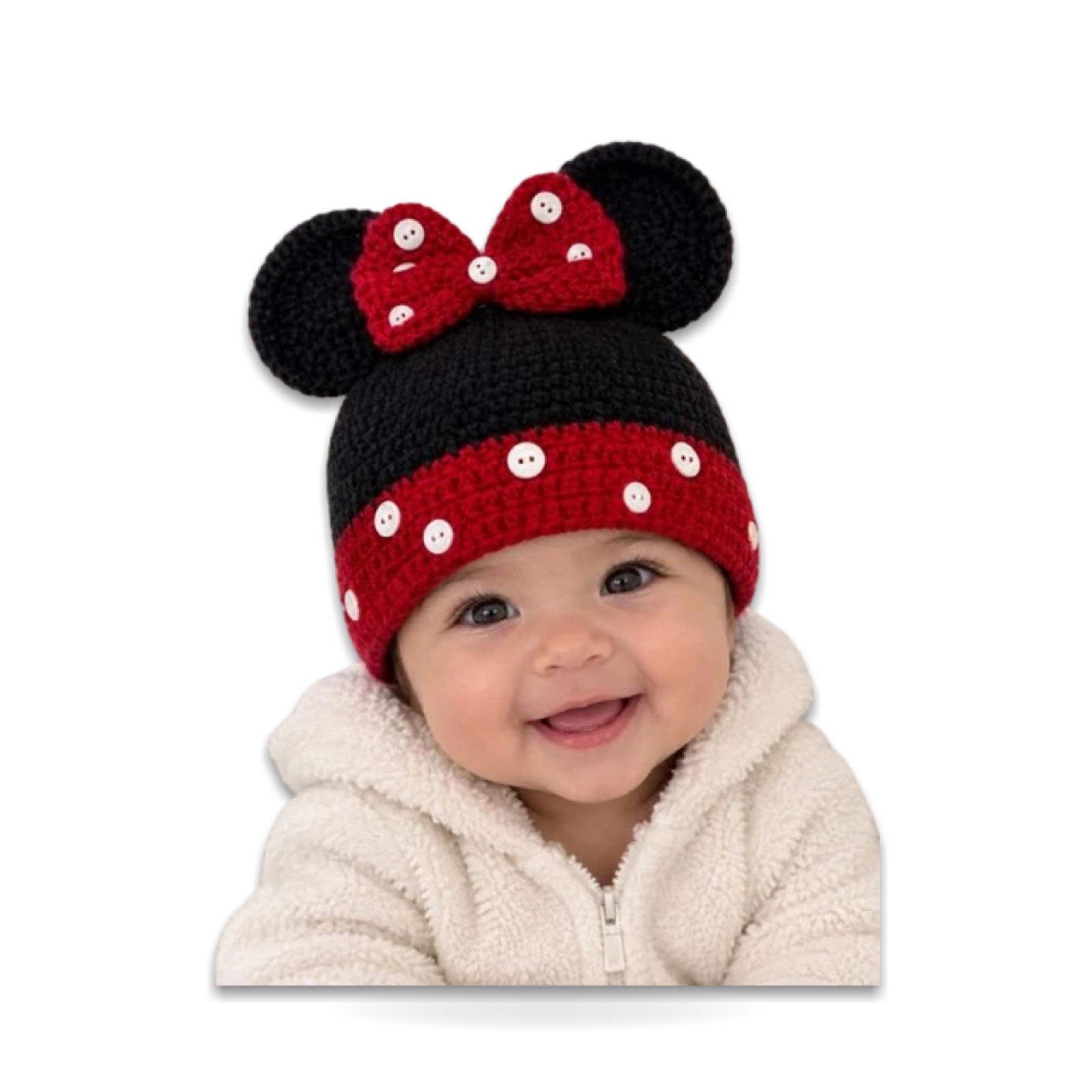 Hand Knit Minnie Mouse Black And Red Beanie White buttons