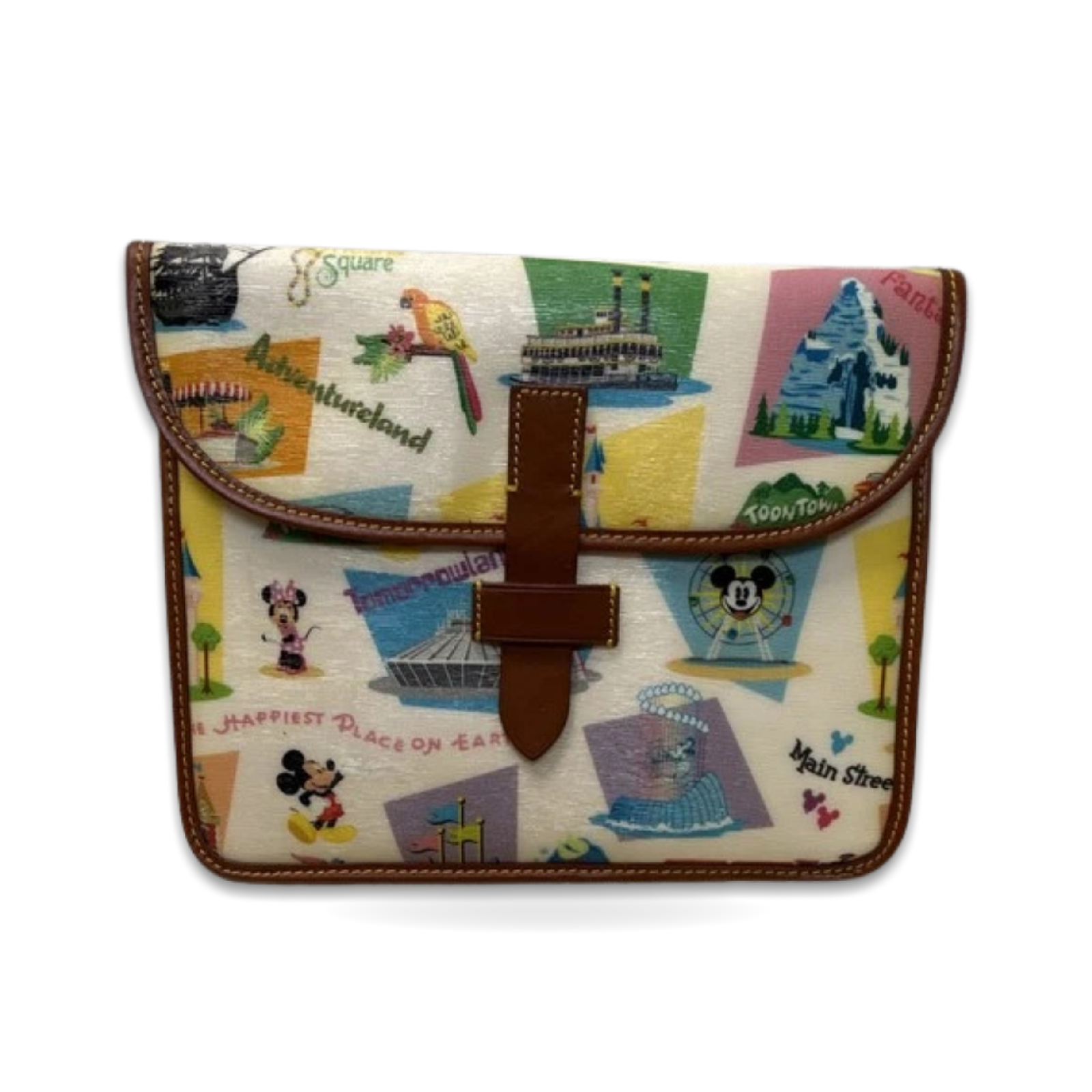 Bourke Print Flap Clutch Mickey Minnie Brown Trim Dooney