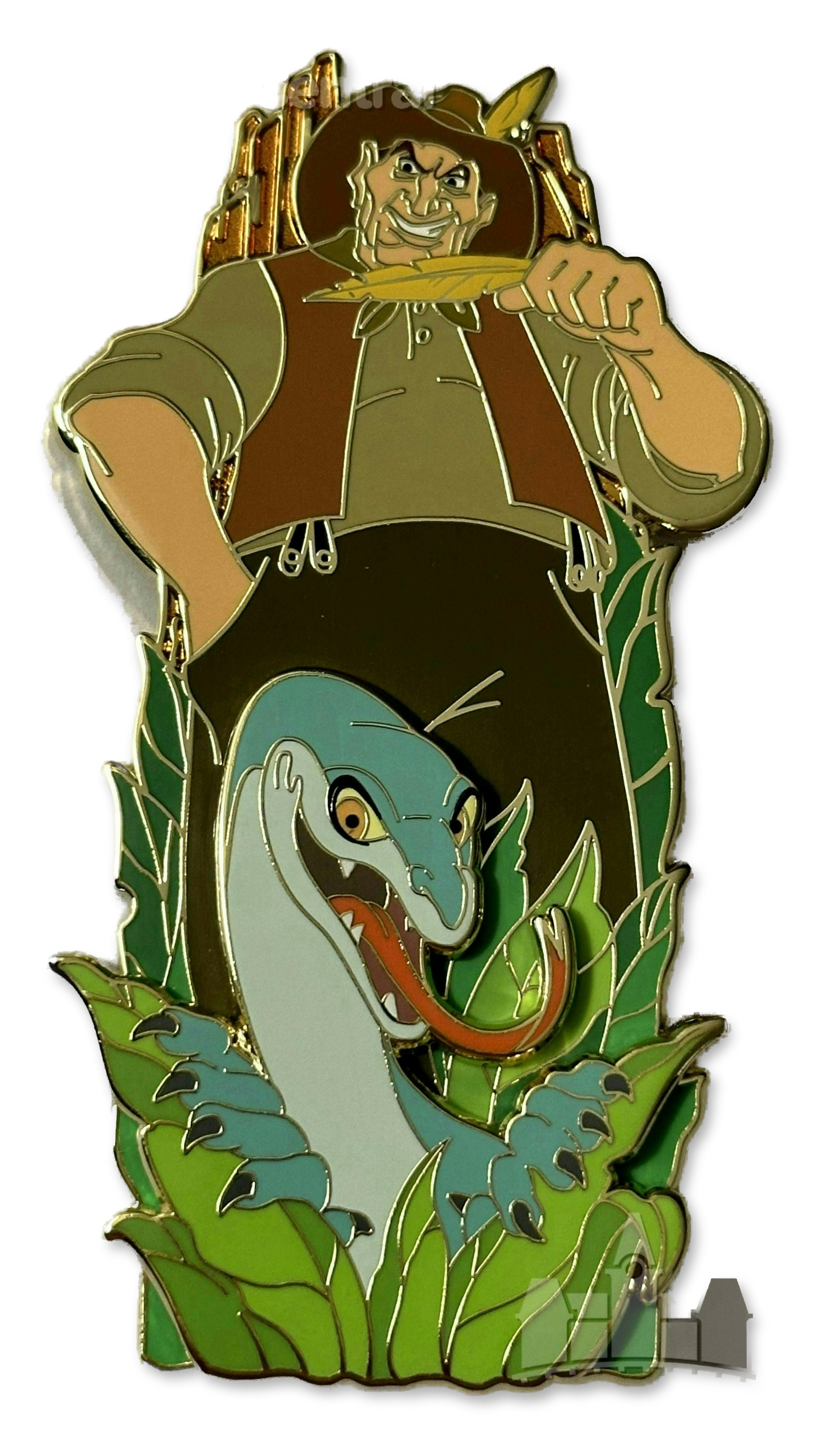 Enamel pin of Percival C. McLeach in a safari hat holding a feather, with Joanna the Goanna emerging from grass below