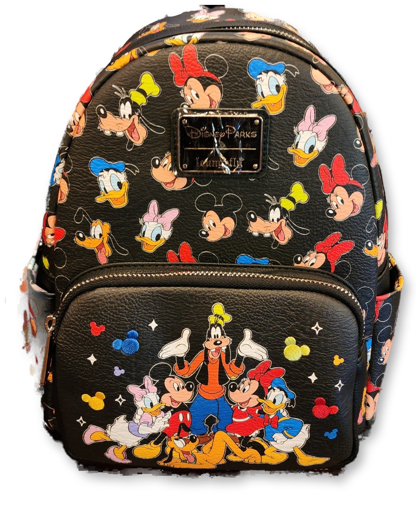 Black Loungefly mini backpack with an all-over print of Mickey Mouse and friends