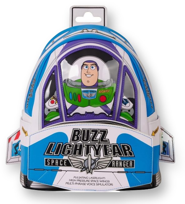 Loungefly Buzz Lightyear mini backpack shaped like his toy packaging with a clear front window