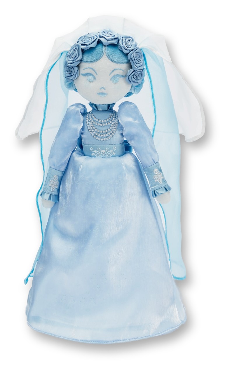 Constance Hatchaway Bride plush doll in a blue satin wedding gown with veil and pearl necklace, shown against a white background