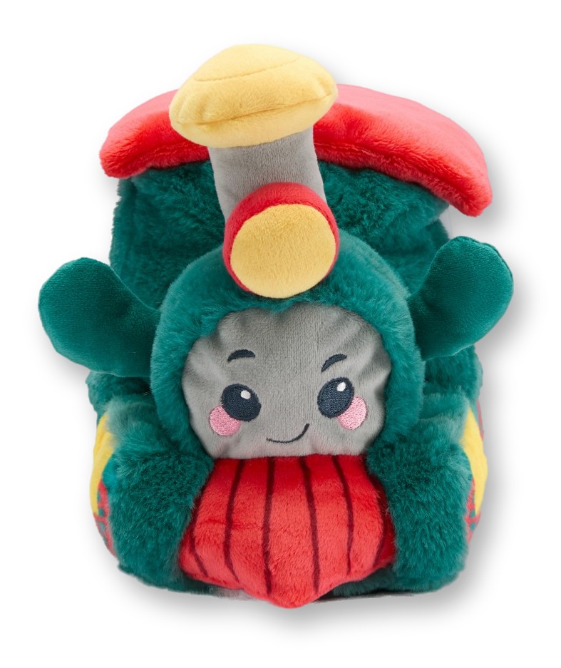 Plush toy shaped like a teal and red Disney Railroad steam locomotive with an embroidered smiling face and red wheels