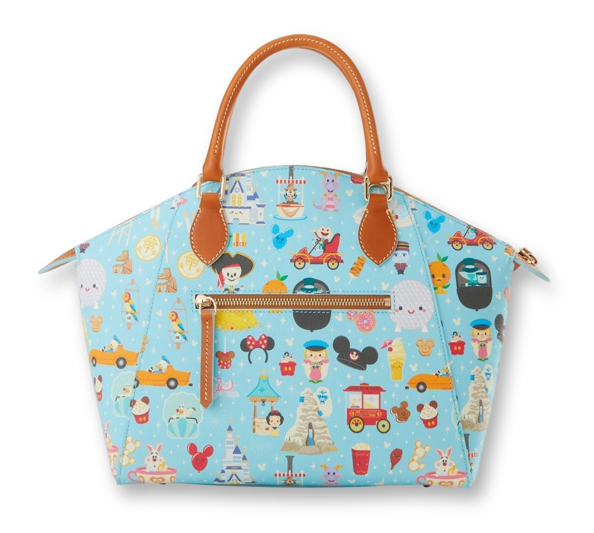 Blue Dooney and Bourke satchel handbag covered in a colorful allover print of Disney Parks icons and characters by Jerrod Maruyama