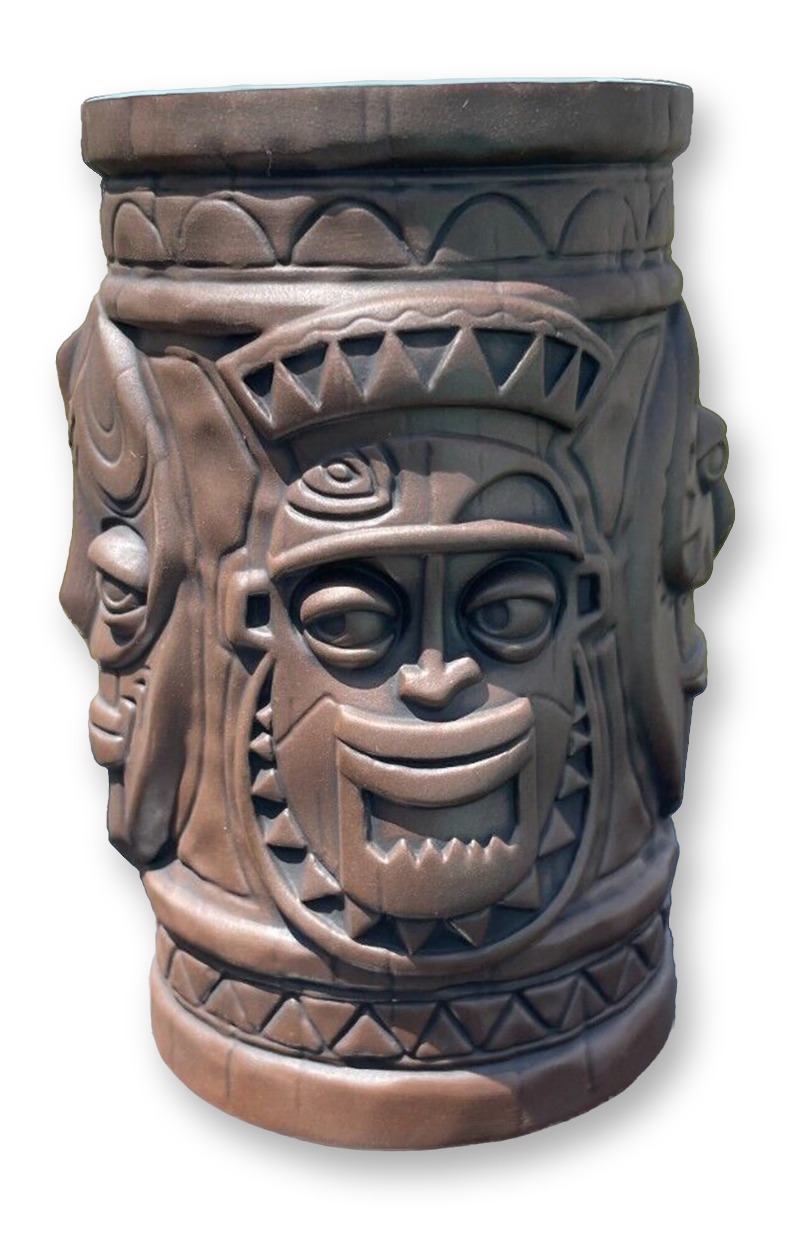 Dark brown ceramic tiki mug sculpted with totem-pole faces from the Enchanted Tiki Room, shown against a plain black background