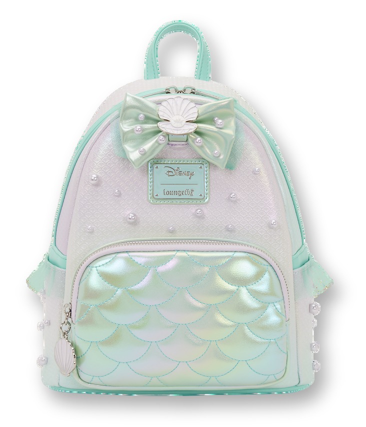 White-to-teal iridescent Loungefly mini backpack with an embossed fish-scale front pocket, a mint 3D bow with a seashell charm, and pearl studs
