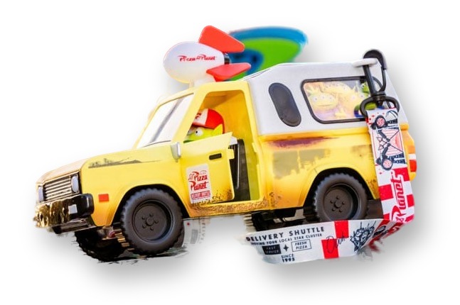 Yellow Pizza Planet delivery truck popcorn bucket with a light-up rocket sign and a green alien figure in the driver's seat