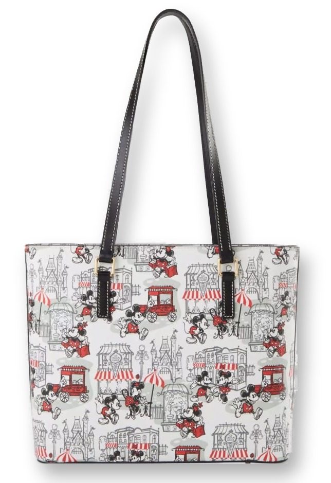 Dooney & Bourke Main Street tote bag with an allover print of Mickey and Minnie strolling Main Street, black leather trim, and goldtone hardware