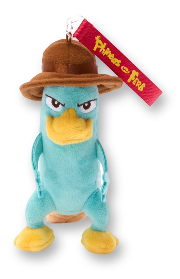 Small plush keychain of Agent P (Perry the Platypus in a fedora and tie) attached to a silver key ring and chain, on white background