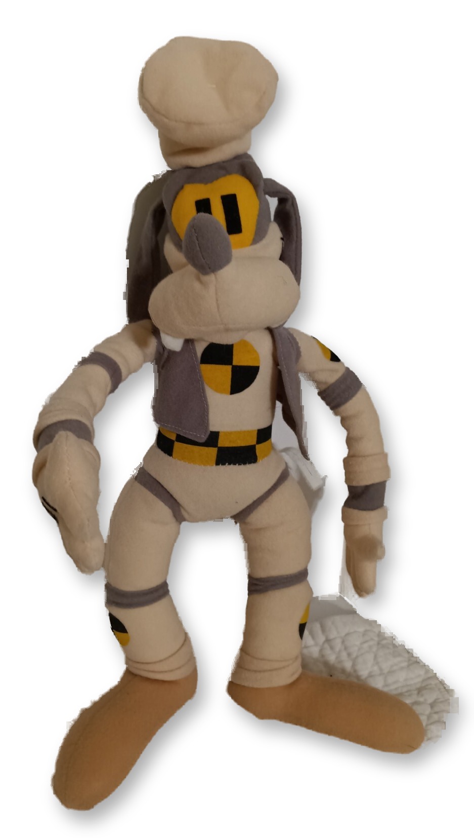 Goofy plush styled as a Test Track crash-test dummy wearing a grey vest with Test Track and Epcot logos