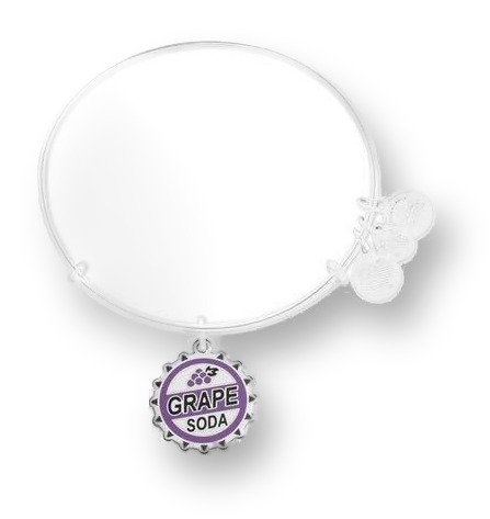 A silver-tone expandable wire bangle bracelet with a round bottle-cap-shaped charm reading GRAPE SODA in purple and white, photographed on a plain white background.