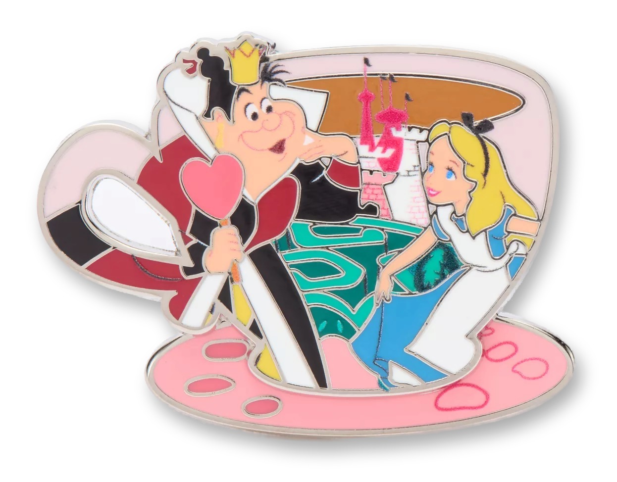 Teacup-shaped enamel pin featuring illustrated portraits of Alice and the Queen of Hearts sharing a teacup, on an Alice in Wonderland-themed backing card.