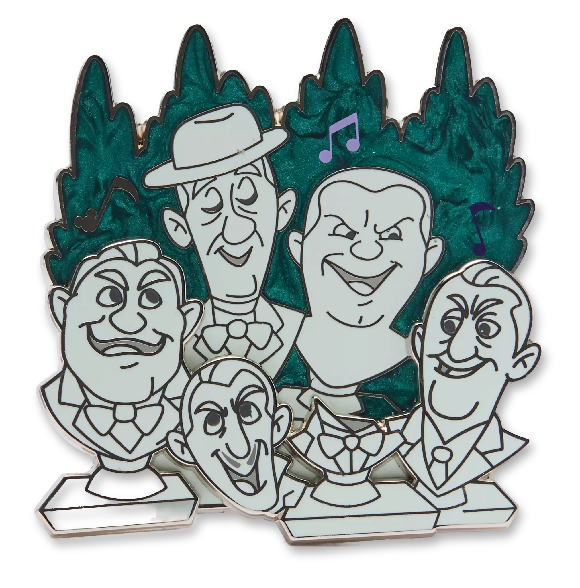 Enamel pin featuring the four Singing Busts from The Haunted Mansion's graveyard scene, mounted pin-on-pin over a marbleized cream and green background, on a Disney Artist Collection backing card.