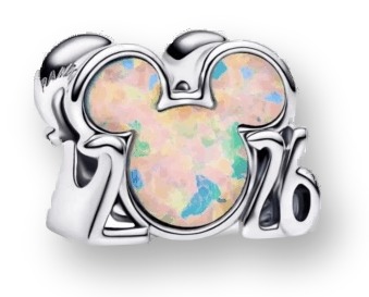 Silver Pandora charm shaped like Mickey Mouse head with 2026 numerals, front face set with opal-effect stone