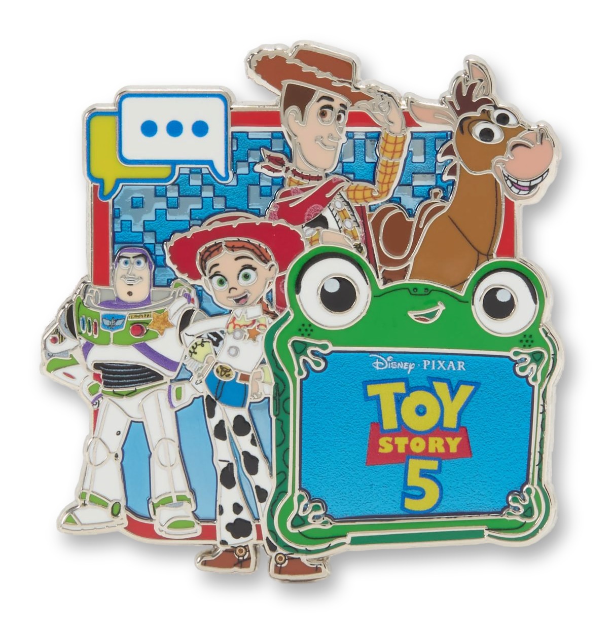 An enamel pin depicting Woody, Jessie, Buzz Lightyear, and Bullseye standing behind a large green frog-shaped screen character (Lilypad) whose display reads 'Disney Pixar Toy Story 5'.