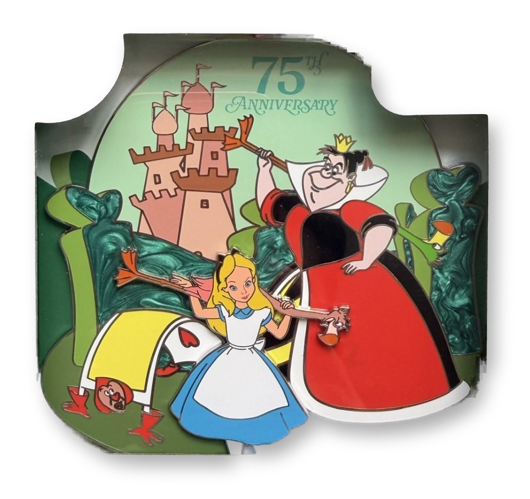Large boxed pin depicting Alice the Queen of Hearts and card guards in front of a pink castle displayed in its clear-windowed retail box with a 75th Anniversary