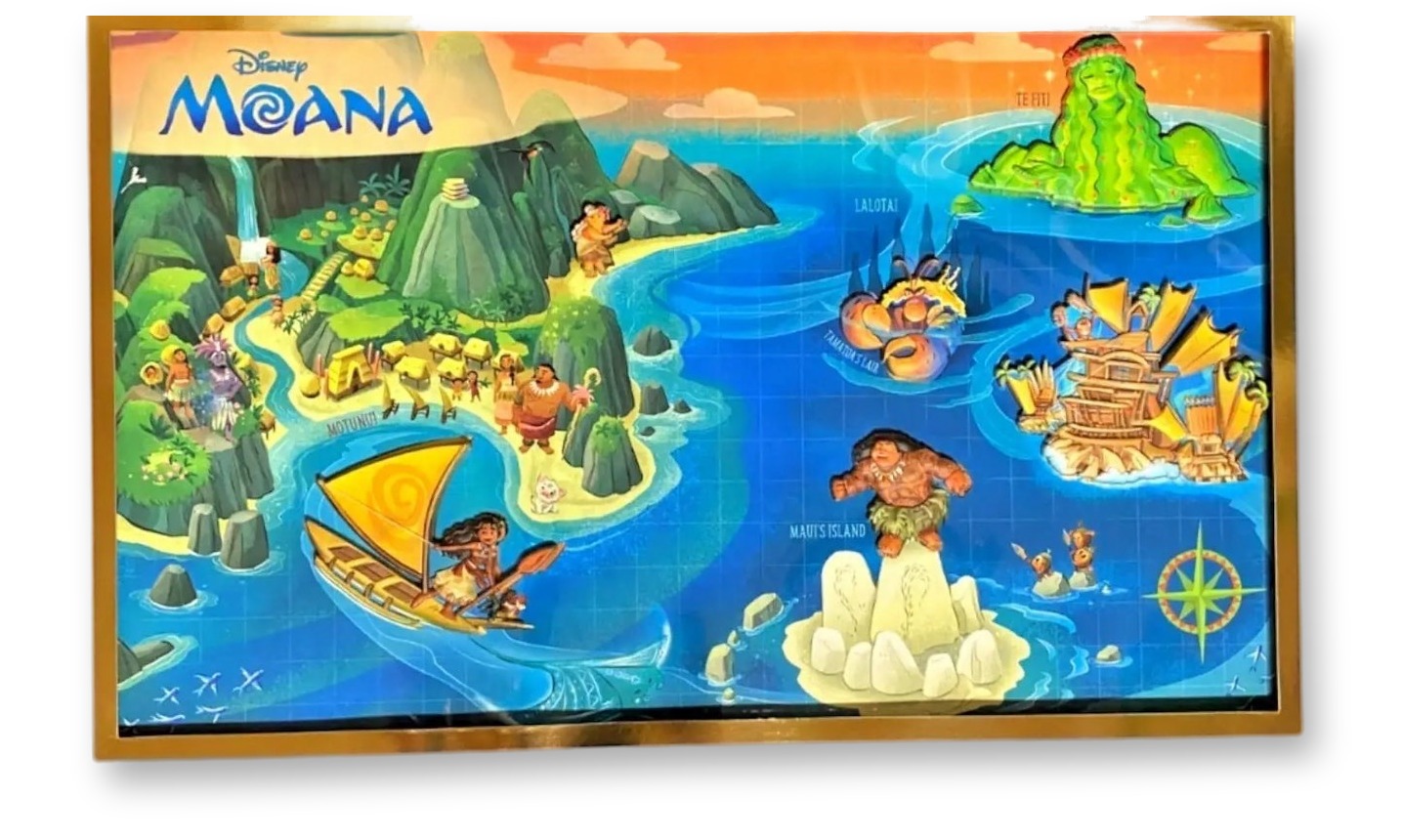 Boxed Moana-themed pin set showing an illustrated map of Moana's island, ocean route, Lalotai, Tamatoa's lair, Maui's island, and Te Fiti, with shaped character pins for Moana, Maui, and other figures placed on the map inside a blue and gold display box.