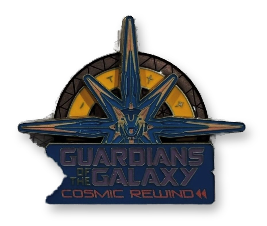 Metal enamel pin featuring a stylized blue starburst spaceship logo above 'Guardians of the Galaxy Cosmic Rewind' text with a small gold '33' medallion, photographed on a patterned surface.