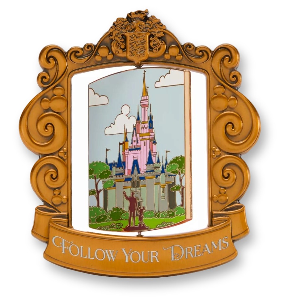 Gold filigree castle-window spinning pin-on-pin showing Cinderella Castle art with a 'Follow Your Dreams' banner, from the Disney Artist Collection by Jes Willis.