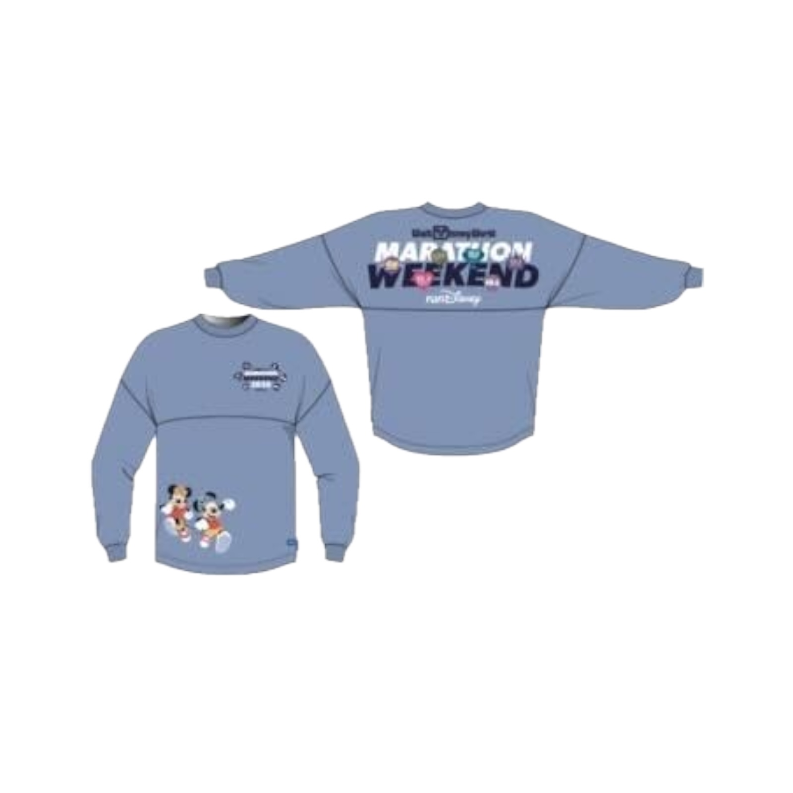 Front and back views of the light blue 2026 Walt Disney World Marathon Weekend storybook Spirit Jersey.
