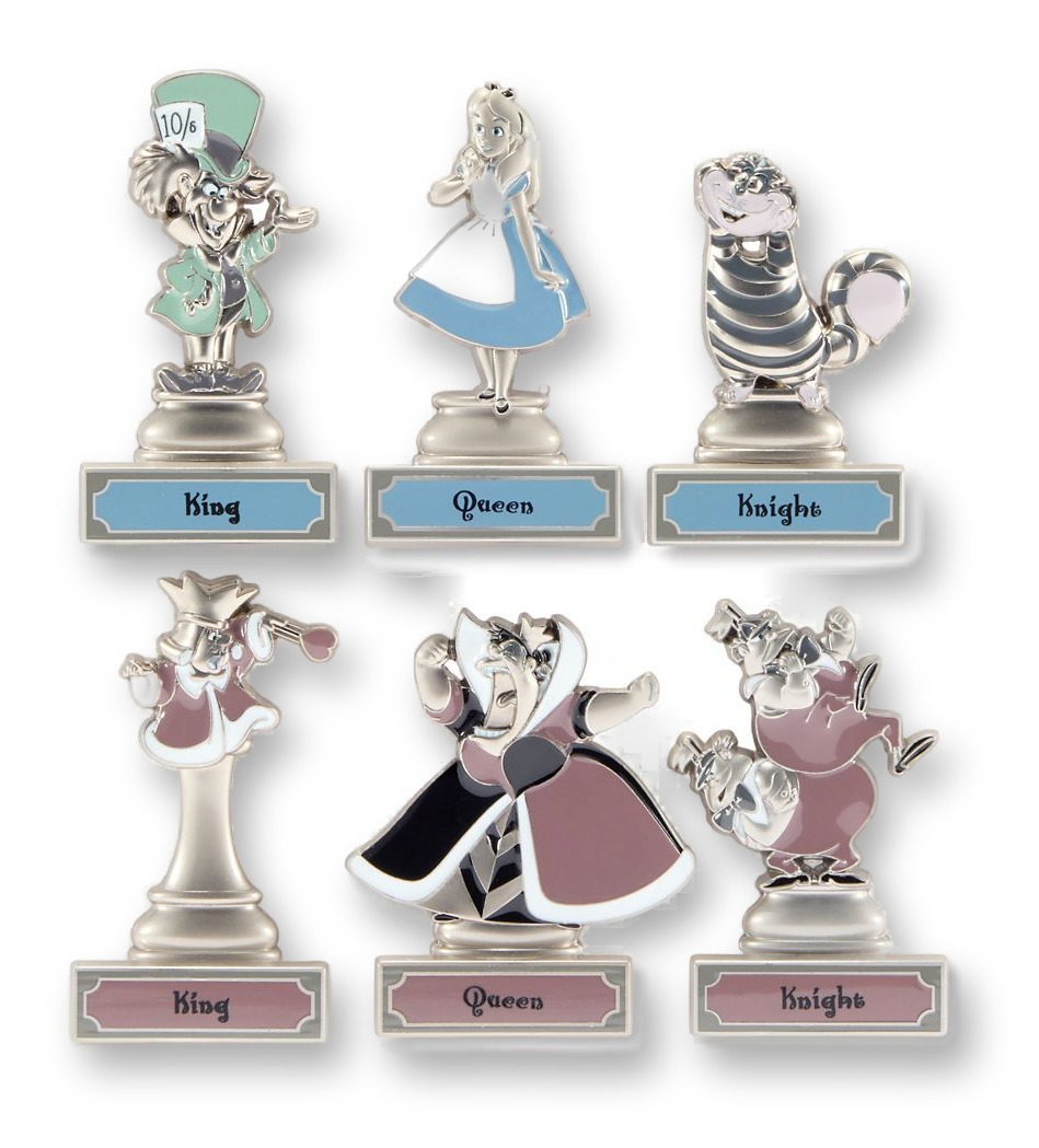 Boxed set of six Alice in Wonderland 75th Anniversary chess-piece bas-relief pins on a checkerboard display card
