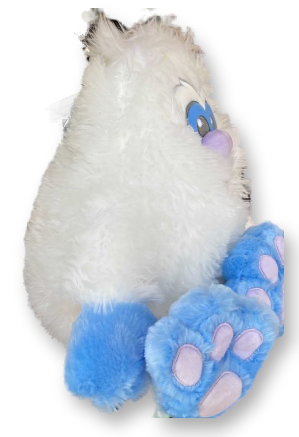 Several white, shaggy Abominable Snowman plush toys with blue paws lined up on a shop shelf next to a sign reading '22.00 each when you buy two, regularly priced at 26.99 each.'