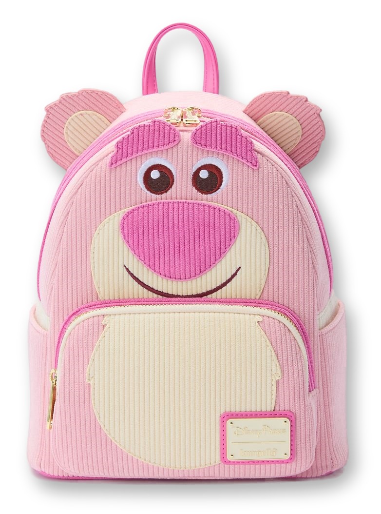 Pastel pink Lotso-shaped Loungefly corduroy mini backpack with embroidered bear face and ears