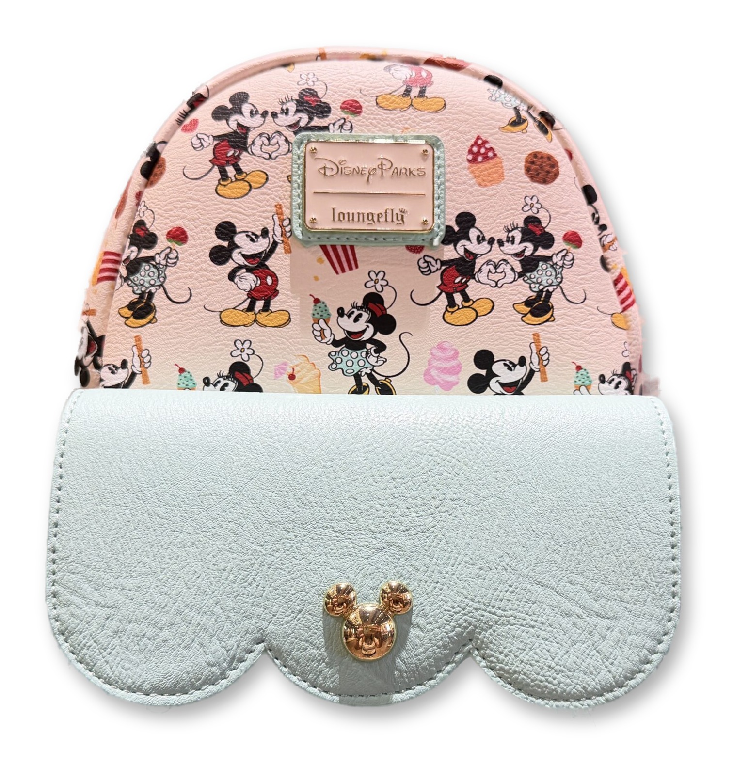 Cream Loungefly mini backpack printed with Mickey and Minnie eating park snacks, with a mint scalloped flap