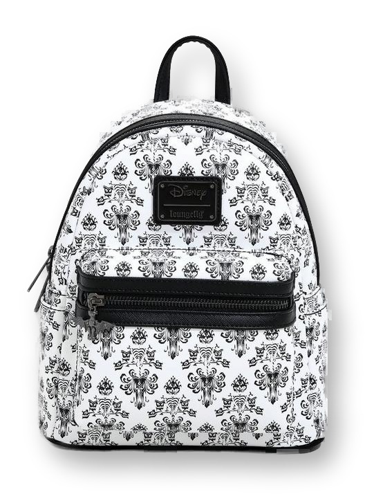 White Loungefly mini backpack covered in a black damask wallpaper print inspired by the Haunted Mansion, with a front zip pocket and brand badge.