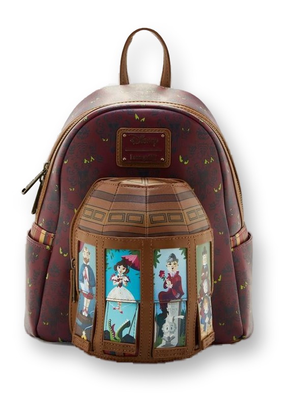 Burgundy Loungefly mini backpack with a Haunted Mansion wallpaper print and a front pocket styled like the stretching room's portrait frames.