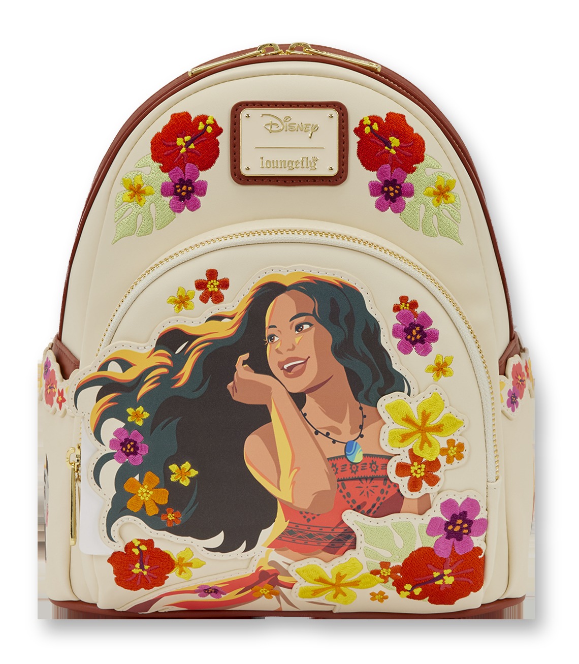Cream Loungefly mini backpack with an embroidered floral portrait of live-action Moana on the front pocket, on a white background