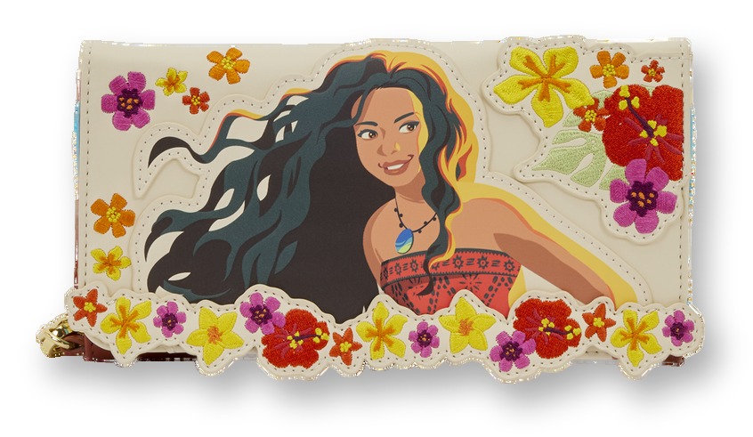 Cream Loungefly wristlet wallet with an embroidered floral portrait of live-action Moana, on a white background