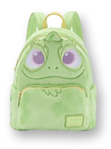 Pale green fuzzy plush Loungefly mini backpack shaped like Pascal the chameleon's face with large purple eyes