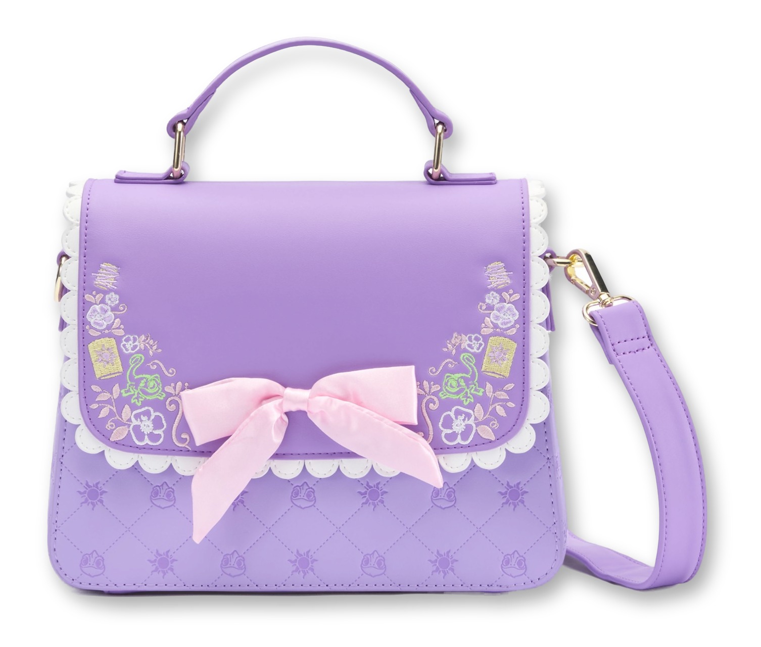 Purple Loungefly crossbody bag with a pink satin bow, white scalloped trim, and embroidered Rapunzel-themed details, on a white background