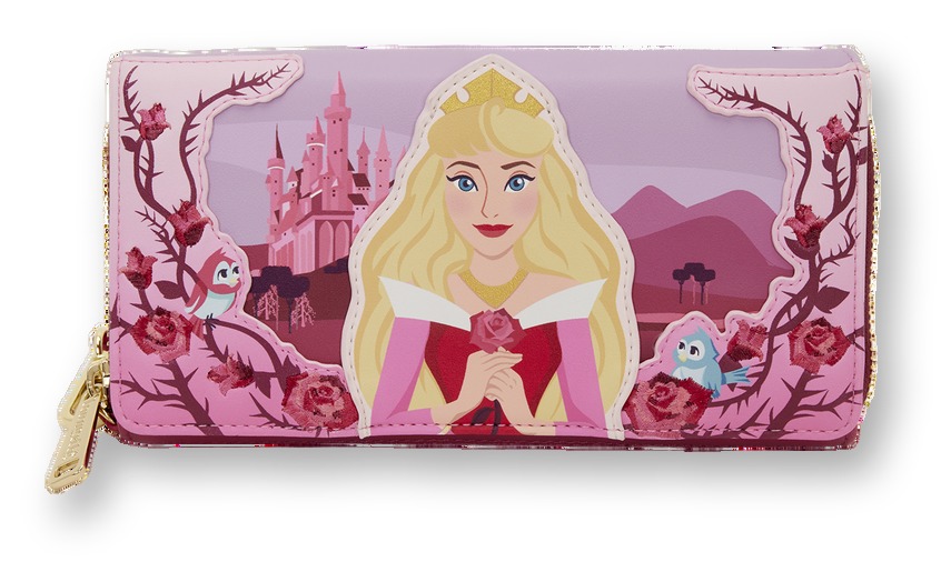Pink Loungefly wristlet wallet featuring Princess Aurora surrounded by roses and bluebirds with a castle backdrop, on a white background