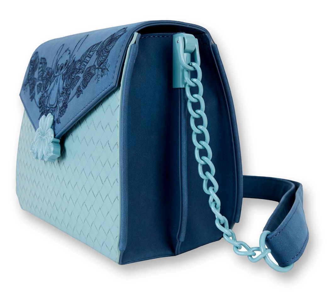 Sage green and navy woven faux leather Loungefly crossbody bag with an embroidered floral Stitch flap and a hibiscus charm