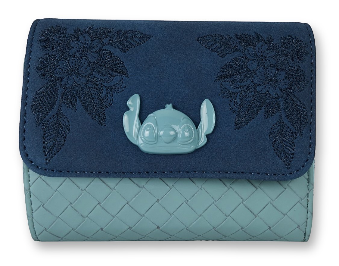 Navy and sage woven faux leather Loungefly trifold wallet with an embroidered floral flap and a molded Stitch charm