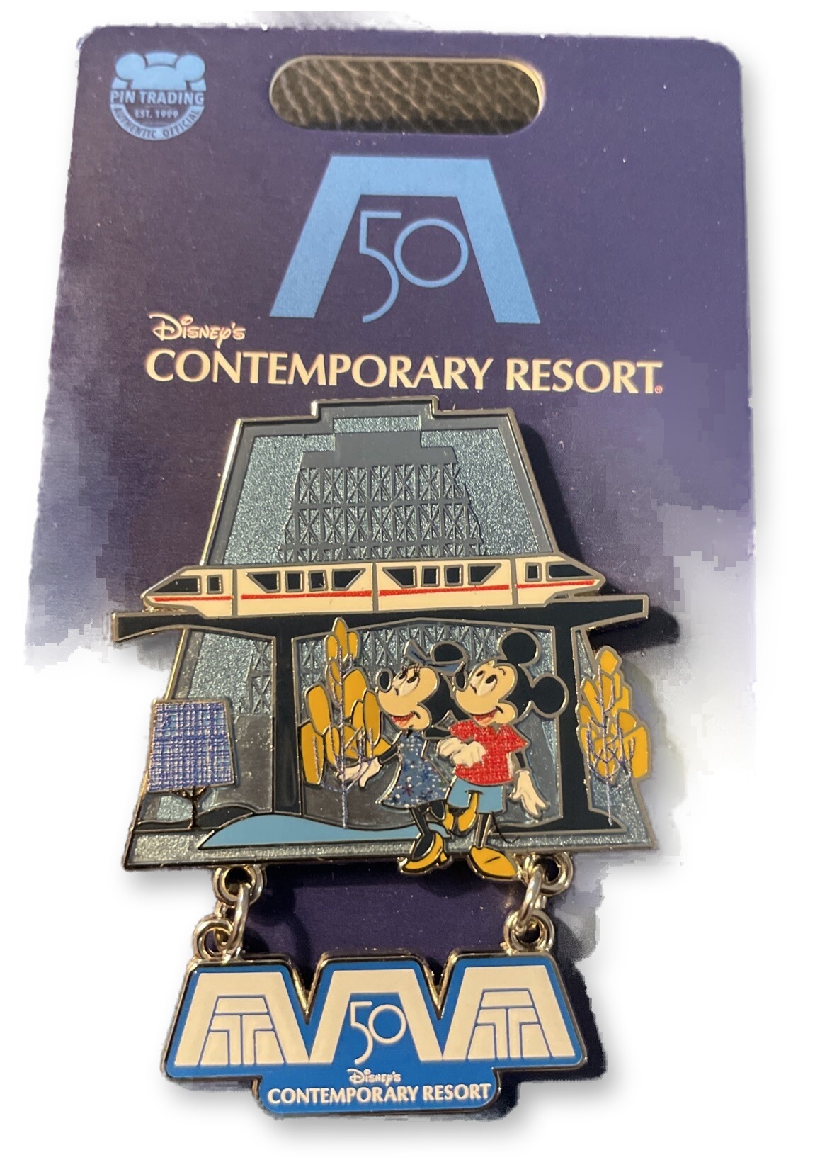 Walt Disney World 50th Anniversary Contemporary Resort pin showing the monorail passing through the resort tower with Mickey and Minnie, and a dangling resort charm