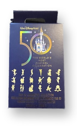 Walt Disney World 50th Anniversary Fab 50 Character Collection mystery pin box featuring gold character silhouettes and The World's Most Magical Celebration castle logo