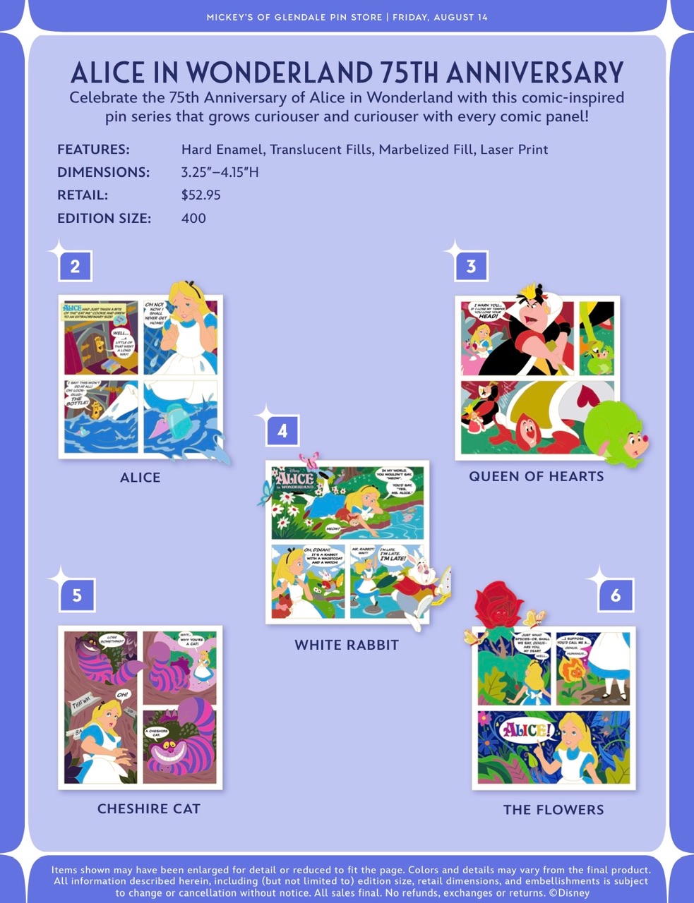 The five Alice in Wonderland 75th anniversary WDI pin designs released at D23 2026