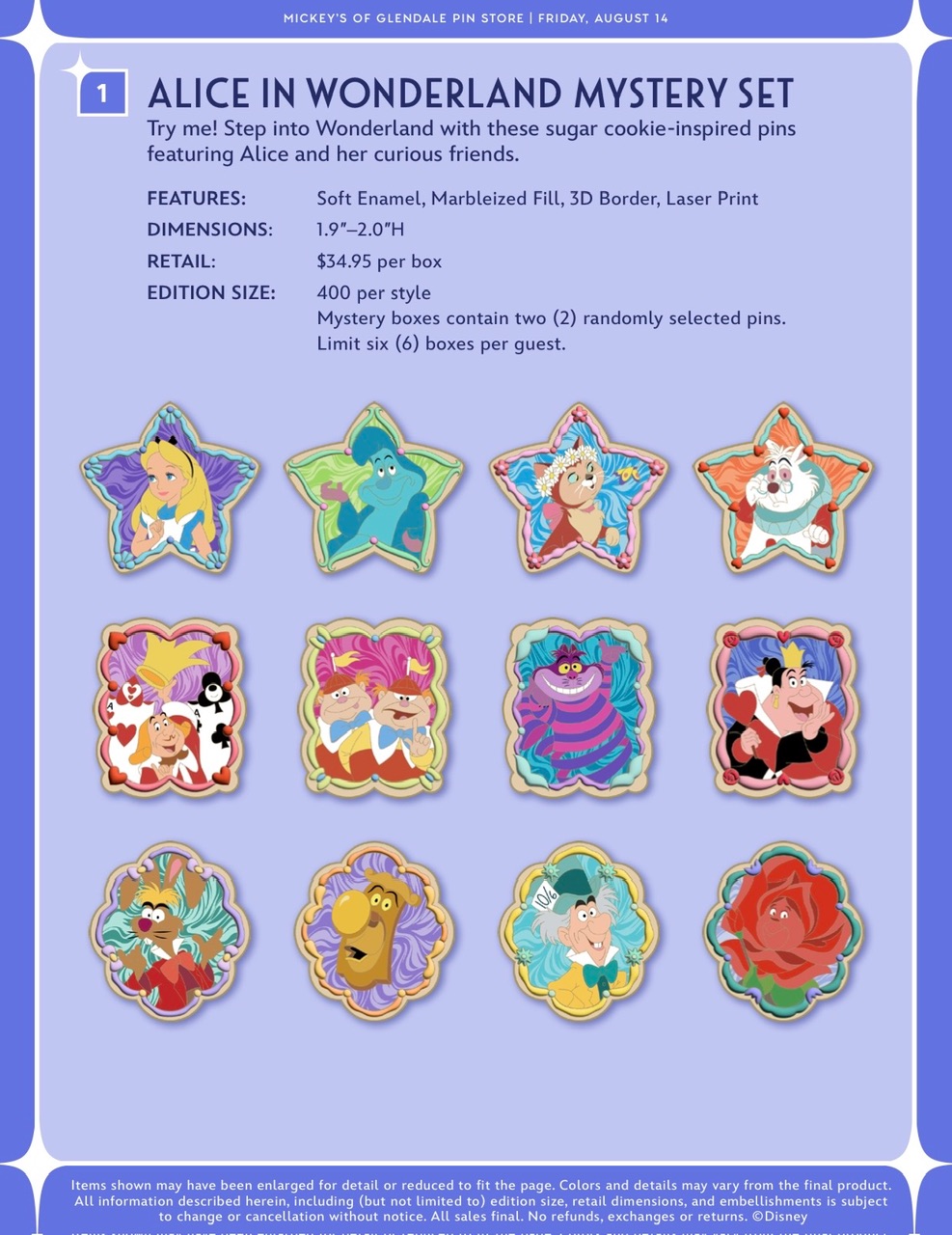 The twelve designs in the Alice in Wonderland WDI mystery pin series released at D23 2026