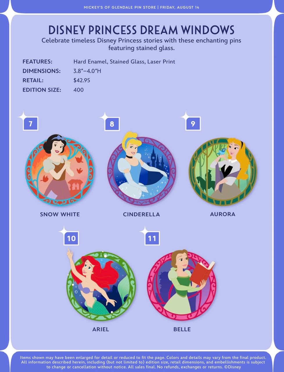 The five Disney Princess Dream Windows WDI pin designs released at D23 2026